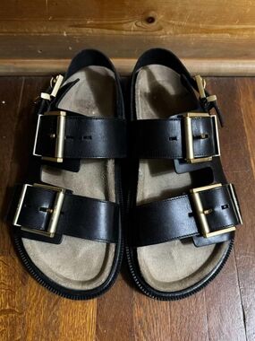 All Saints Black Leather Double-Buckle Sandals with Gold Hardware